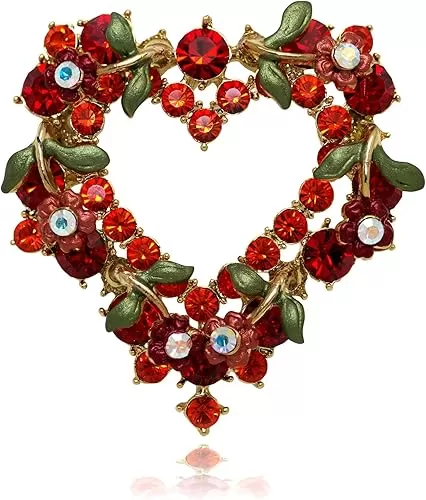 Gold-Tone Crystal Element Whimsical Heart Shape Flowers Wreath Pin Brooch