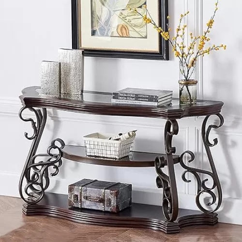 Goujxcy Elegant Retro Console Table, 3-Tier Traditional Rectangle Sofa Table with Tempered Glass Top, Mid-Marble Shelf, Vintage Accent Entryway Table for Living Room Hallway, Easy Assembly