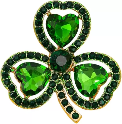 Green Heart Clover Flower Rhinestone Brooch Pin for Women Gold Tone Fashion Crystal Leaf Brooches Lapel Pins Lucky Dress Accessories Irish St Patrick