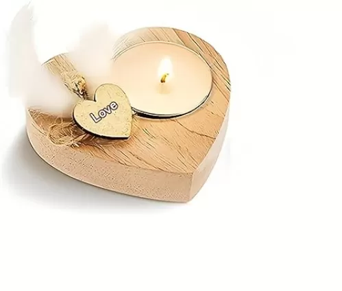 Handmade Heart-Shaped Wooden Candle Holder with White Feather， Natural Soy Wax Candle, Love Charm，Eco-Friendly Romantic Home Decor Gift for Wedding, Anniversary, Valentine's Day