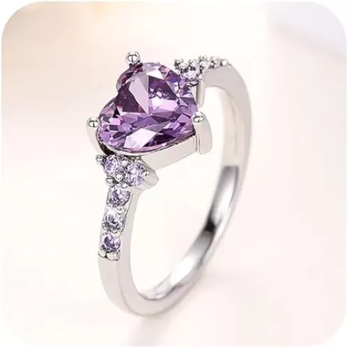 Heart Ring Fashion Jewelry 925 Sterling Silver Shiny Full Purple CZ Crystal Diamond Amethyst Love Heart Engagement Wedding Ring Size 5-11 for Women(5)