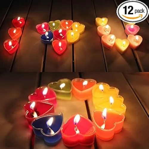 Heart-Shaped Tealight Candles, 12PCS Multicolor Love Romantic Unscented Candle with 100PCS Silk Rose Petals, Mini Candle Discs for Weddings, Anniversaries, Birthdays, Home Decoration, Spa, Relaxation