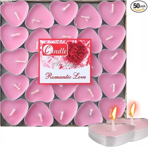 Heart Shaped Tealight Candles 50 Packs, 25 * 2 Layers Romantic Love Unscented mokeless for Dinner Home Wedding (Pink)