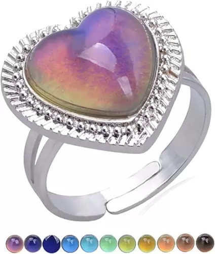 HUASAI Mood Ring for Women Pink Color Changing Ring Heart Shaped Gemstone Ring Adjustable Emotional Ring