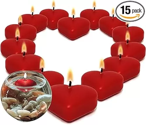 HYOOLA Premium Red Heart Floating Candles - Love Shaped Candles - 1.8 Inch - 2 Hour - 15 Pack - European Made