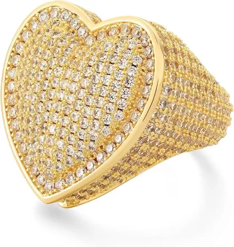 Iced Out Jewelry 5A Cz Stones Shiny Baguette Heart Engagement Gold Luxury Diamond Ring, Hip Hop Bling Bling 18K Gold Plated Party Pinky Ring Men Women