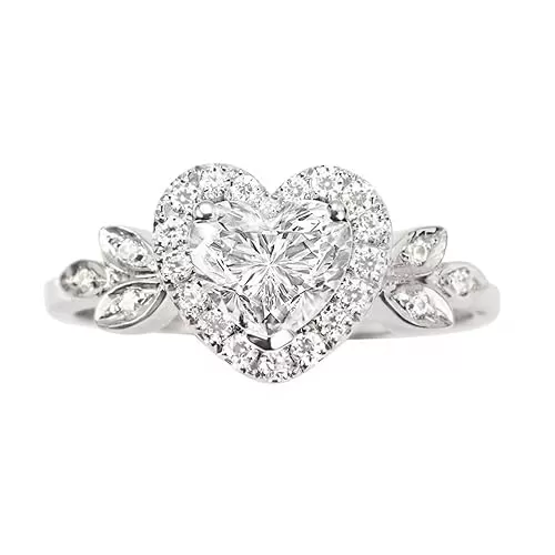 icedout 1.50 Ct Heart Cut Diamond Blossom Heart Halo Unique Art Deco Leaves Wedding Bridal Set Romantic Love Engagement Ring For Women 14K Gold Plated 925 Sterling Silver Handmade Anniversary Ring