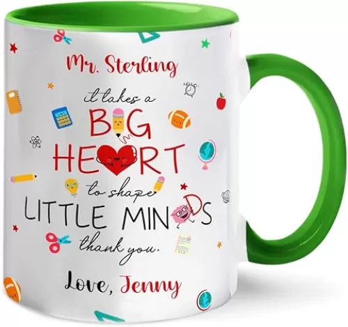It Takes A Big Heart To Help Shape Little Minds Coffee Mug With Custom Teacher's Name, Personalized Preschool Teacher Accent Ceramic Mug 11Oz, Teacher Coffee Cup Gift From Student, Teacher White Mug