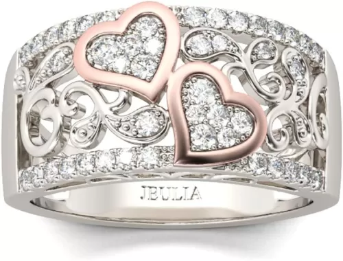 Jeulia 1Carat Rose Gold Plated Wedding Band Thick Round Cut Eternity Band Rings Halo CZ Heart Engagement Promise Rings Anniversary Birthday Festival Romantic Gift with Jewelry Gift Box