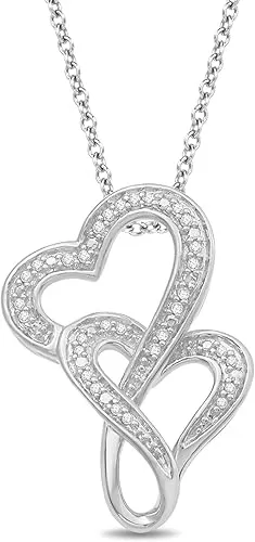 Jewelili Double Heart Necklace Pendant with Natural White Round Diamonds in Sterling Silver or Yellow Gold over Sterling Silver 18 inch Rolo Chain