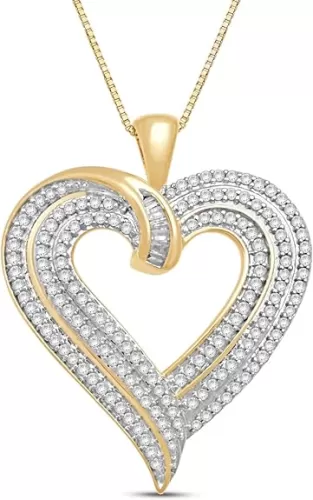 Jewelili Heart Necklace Pendant with Natural White Round and Baguette Diamonds 1/4 Cttw or 1/2 Cttw in Sterling Silver or Yellow or Rose Gold over Sterling Silver 18 Inches Box Chain