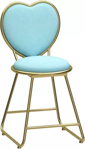 JHSLXD Golden Makeup Chair Creative Love Heart Shape Dressing Table Stool Children's Room Decorative Chair Metal Wrought Iron Backrest Chair Flannel Dining Chair, Blue Flannel a