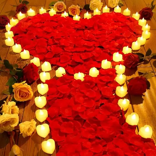 JMUQ 7000 Pieces Artificial Rose Petals with 72 Pieces Romantic Heart Led Tealight Candles, Rose Petals and Candles Set for Weddings Anniversaries Proposals Decor(Warm White Light)