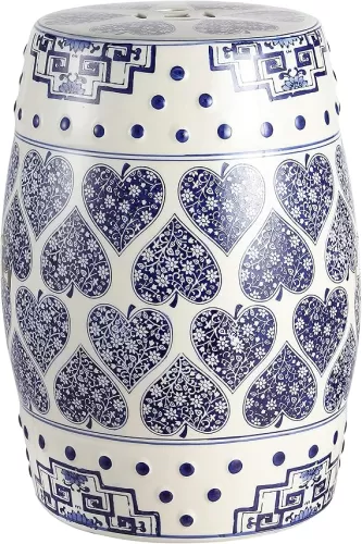 JONATHAN Y TBL1014A Happy Hearts 17.8" Chinoiserie Ceramic Drum Indoor/Outdoor Garden Stool, Bohemian, Coastal, Cottage, French Country, Traditional, Side Table, Plant Stand, Spill-Proof, Blue/White