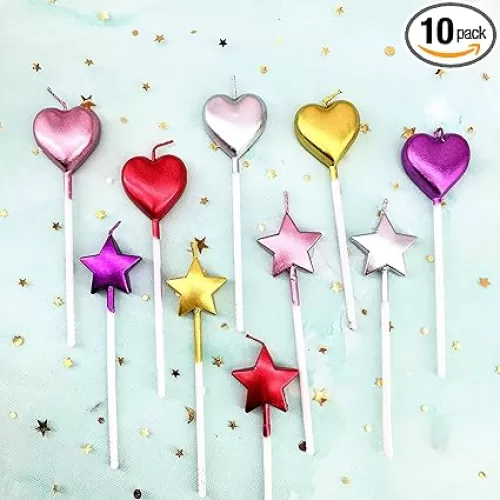 Kemladio 10 Cute Heart Shaped and Star Birthday Candles Multi-Color Cake Candle Toppers for Party Wedding Cake Decoration Supplies Birthday Candles (5 star-5heart, Multi-Colored)