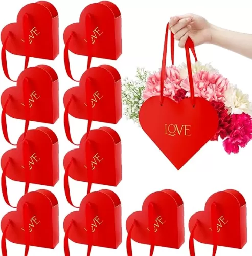 Kolldenn 12 Pcs Heart Shaped Flowers Boxes Wedding Bouquet Storage Bucket Mothers' Day Floral Boxes for Arrangements Paper Floral Bag with Handle Basket Handbag for Florist Bridal Shower (Red)