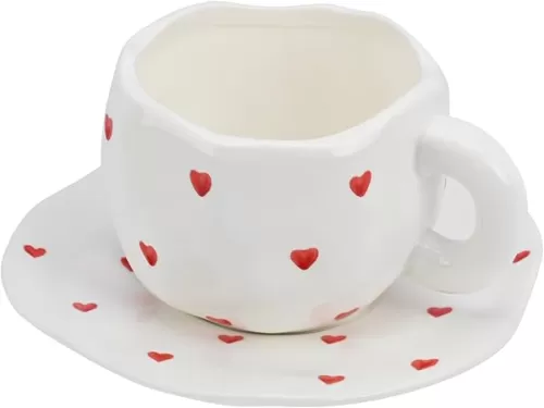 Koythin Ceramic Coffee Mug with Saucer, Cute Red Heart Cup for Women for Office and Home, Couple Cups for Girlfriends, 10 oz/300 ml for Latte Tea Milk (Small Red Heart)