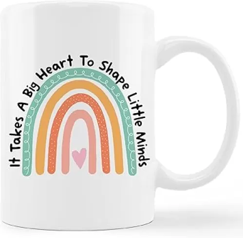 kunlisa Boho Rainbow Mug Cup, It Takes A Big Heart To Shape Little Minds Ceramic Mug-11oz Coffee Milk Tea Mug Cup, Inspirational Motivational Gifts for Teachers, Teacher Appreciation Teachers Day Gifts