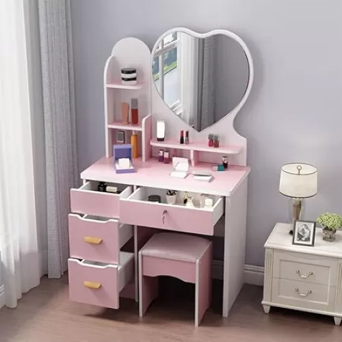 KWOKING 4-Drawers Mirror Table Dressing Table Wood 47.24" H Vanity Table Set Dressing Table Dressers Multi-Functional Dressing Table Pink Heart Shape Mirror on Left 14" L x 31.5" W x 47.5" H