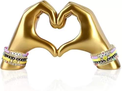 Living Room Golden Love Gesture Decoration, Modern Art Bedroom Bookshelf or Coffe Table Resin Heart-Shape Heart Hands Sculpture, Used for Wedding Home Desktop Aesthetic Decoration