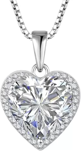 Love Heart Necklace 925 Sterling Silver Simple Halo Solitaire Pendant Birthstone Jewelry for Women