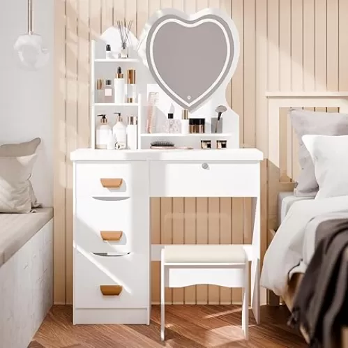 Makeup Vanity Desk with LED Lighted Heart-Shaped Mirror, Vanity Table with 4 Drawers and Opening Shelves, Vanity Mirror with Lights Desk, Vanity with Lights Bedroom Dressing Table with Stool