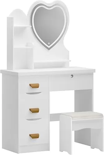 Makeup Vanity Desk with Mirror and Lights, Heart-Shaped Mirror Vanity Table with Stool, Drawers and Opening Shelves White