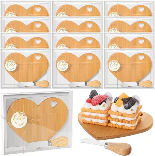 Maxcheck 12 Set Bridal Shower Favors Heart Cheese Board 7 x 5 Inch Mini Charcuterie Boards with Knives Thank You Tags for Wedding/baby Shower Prizes (Bamboo Color)