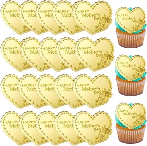 mdgfge 20 Pcs Happy Mothers Day Cupcake Topper Heart Shape Acrylic Cake Disc Mirror Gold Design Happy Mother