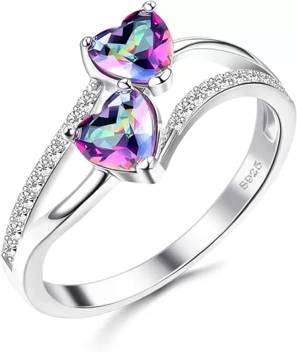 Milacolato 925 Sterling Silver Promise Ring for Her 18K White Gold Plated Double Stone Ring Heart Birthstones Toi et Moi Engagement Ring Jewelry Size 5-9