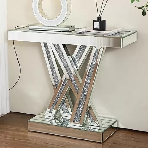 Mirrored Console Table with Crystal Accents, 35.4W x 29.5H x 11.8D inches, Modern Glam Design