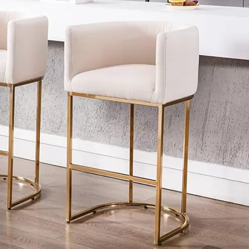 Modern Bar Height Linen Fabric Upholstered Counter Stool, 32Inch Cream Barstool with Gold Metal Frame
