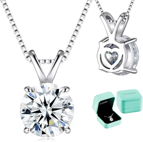 Moissanite Solitaire Necklace for Women, 1–3 Carat Lab Created Diamond Pendant, D Color VVS1, Heart Back, 18+2" Silver Chain, Gift for Wife, Girlfriend, Mom Yourself on Anniversary, Birthday, Wedding