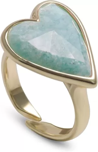 Natural Gemstone Ring, Heart Shape Genuine Crystal Quartz Amethyst Amazonite Rose Quartz Rings for Women, 14K Gold Plated Adjustable Crystal Rings.