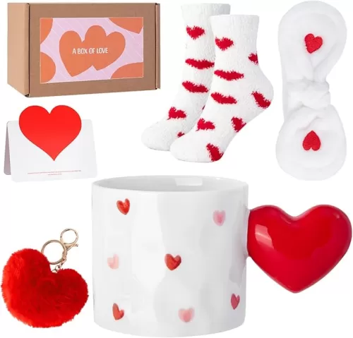 Novelty Gifts for Girlfriend Wife - 14oz Heart Handle Coffee Mug, Cute Stuff Sock Hairband Set for Women Her, Sweet Birthday Valentine Presents Gift Ideas from Boyfriend Husband Him, Nice Gift Boxed