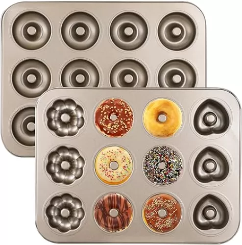 OMISTAR 2 PCS Donut Mold Cake Pans, 12 Cavity Slots Flower Cake Tin Pans, Heavy Duty Steel Non-Stick Flower Heart Shaped Cake Pans, Pattern Doughnut Bakeware for Oven Baking