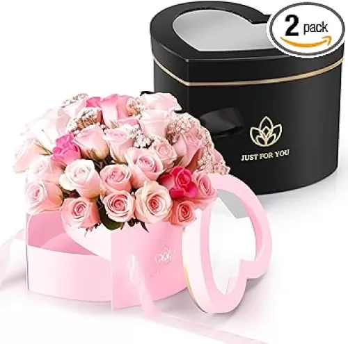 Outus 2 Pcs Mother's Day Heart Shaped Boxes for Flower Double Layers Rotating Floral Box with Transparent Window Lids Graduation Flower Box Gift for Mom Wedding, 9 x 8 x 6.5 Inch(Black, Pink)