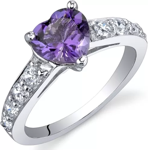 PEORA Amethyst Heart Promise Ring for Women 925 Sterling Silver, Natural Gemstone Birthstone, 1 Carat Heart Shape 7mm, Sizes 5 to 9