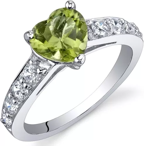 PEORA Peridot Heart Promise Ring for Women 925 Sterling Silver, Natural Gemstone Birthstone, 1.25 Carats Heart Shape 7mm, Size 5, Natural Peridot Jewelry, Women Statement Ring