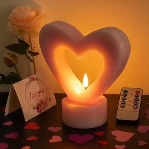 Pink Heart Shape Flameless Candle Gift for Women Flicking Flameless Candles for Mom Birthday Gift and Wedding Deco LED Candles with Remote Control Valentine