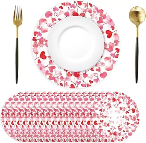 Pink Love Heart Paper Placemats Disposable 50 Pack Mother's Day Place Mats 13.4 Inch Round Decorative Heart Love Table Mats for Wedding Anniversary Party Supplies