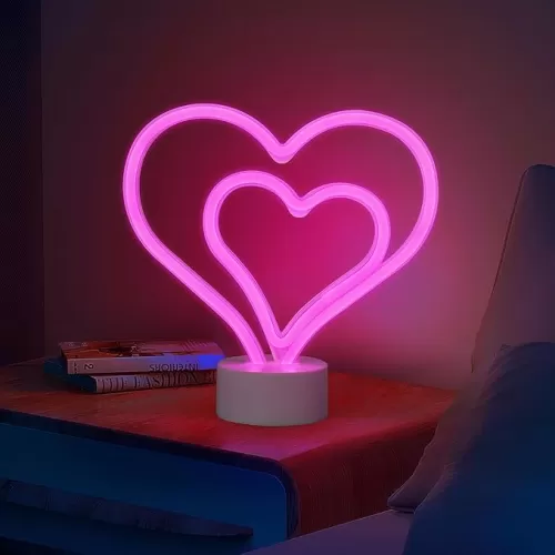 Pink Neon Lights for Bedroom - Cute Heart Neon Sign for Home Room Table&Desk&Tabletop Decor, Battery Powered Lighted Up Decoration for Teen Girls Women, Heart Shaped LED Night Lamp, Wedding, Party Gifts