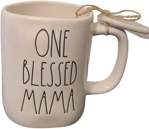 Rae Dunn One Blessed Mama Ceramic Coffee mug with heart shaped charm.
