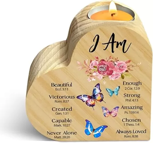 Religious Gifts for Friend Sister, Inspirational Scripture Wooden Candle Holder, Floral Butterfly Decor Heart Shape Candle Holder Keepsake, Home Bedroom Desktop Decor Supplies, Double Sided Printing