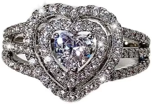 RKKOJJO 925 Sterling Silver Shiny Full Diamond Gemstone Ring 18K Heart-Shaped Cubic Zirconia Promise Cocktail Rings Eternity Engagement Wedding Band Ring for Women Size 7