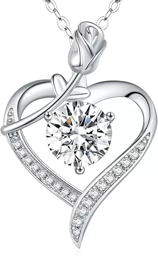 Rose Heart Pendant Necklace for Wife Moissanite Lab-Created Gem Jewelry for Women I Love You Wedding Anniversary Birthday Christmas Valentines Engagements Mothers Day for Her Girlfriend Mom Daughter