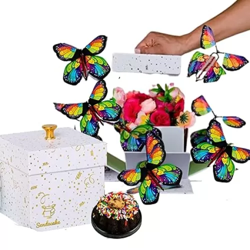 SendaCake Celebration Explosion Gift Box, Ready to Gift, No Assembly Required with Flying Butterflies, Flower Shower & 3" Chocolate Chip Mini Bundt Cake – Unique Birthday Gift for Women, Men, Sister, Mom, Dad, Best Friend, Adults, Kids - Birthdays, Weddings, Anniversaries
