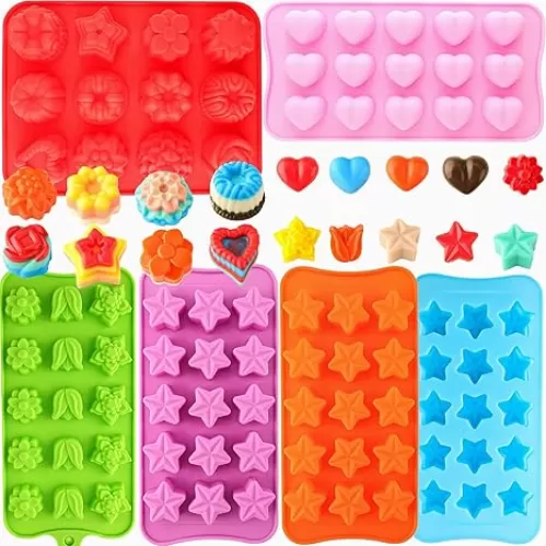 Shaped Chocolate Molds Flower Silicone molds Heart Shaped Molds Five-Pointed Star Silicone Bakeware Mold Flower Heart Shaped DIY Molds for Chocolate Candy Ice Cube Cake Decoration 6PACKS