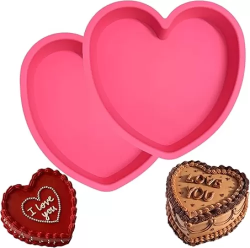 Silicone Heart Shaped Cake Pans – 9 Inch Pink Nonstick Food-Grade Heart Cake Pan, Set of 2 pcs, Oven & Microwave Safe Molds for Baking – Easy to Clean in Just 2 Seconds