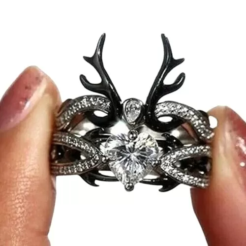 SilverDia Beautiful Deer Antler Wedding Engagement Ring Set 1 Ct Heart Cut Diamond Ring Set For Women 14K Two Tone Gold Finish 925 Sterling Silver Bridal Set Halloween Ring Christmas Day Gift Ring
